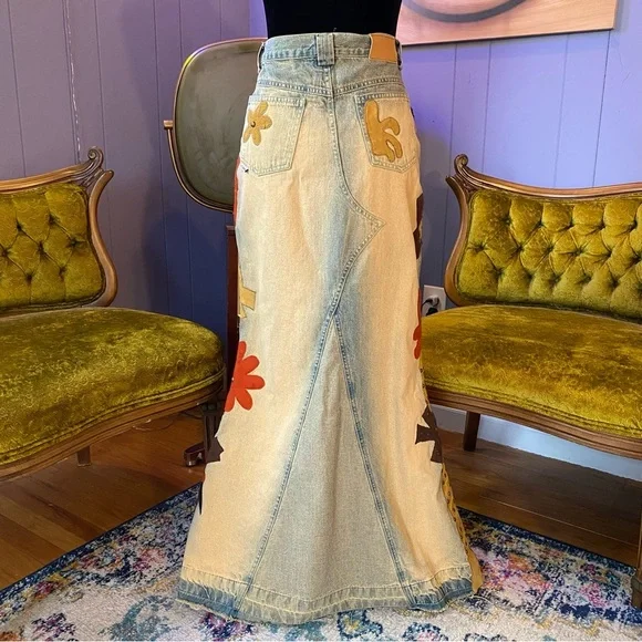 Vintage 90s/Y2K RARE Road Cat Suede And Felt Patchwork Maxi Denim Skirt Size M - Picture 4 of 16